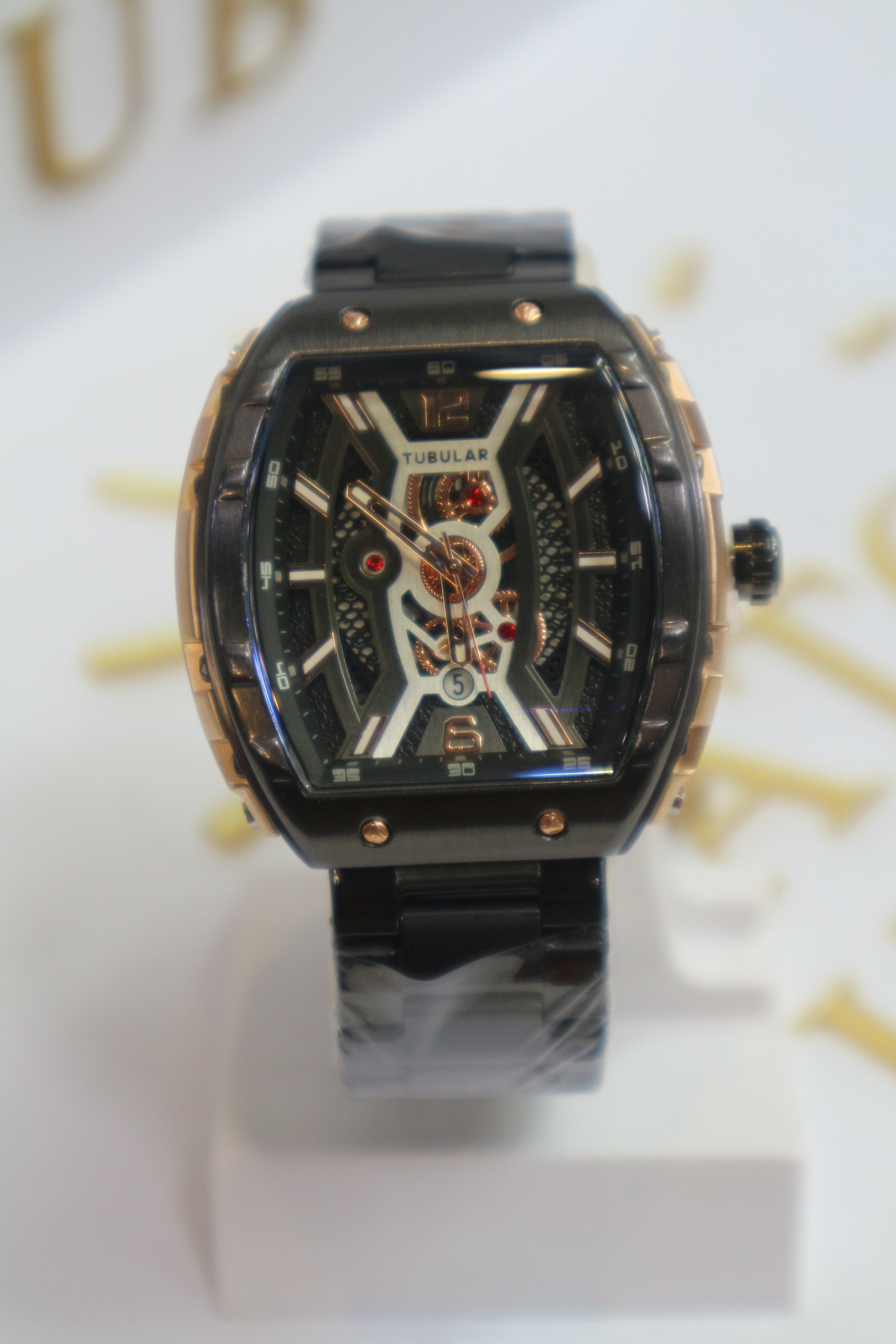 Tubular Model: Looks like a Skeleton Dial Analog Watch BLACK GOLD LOOK