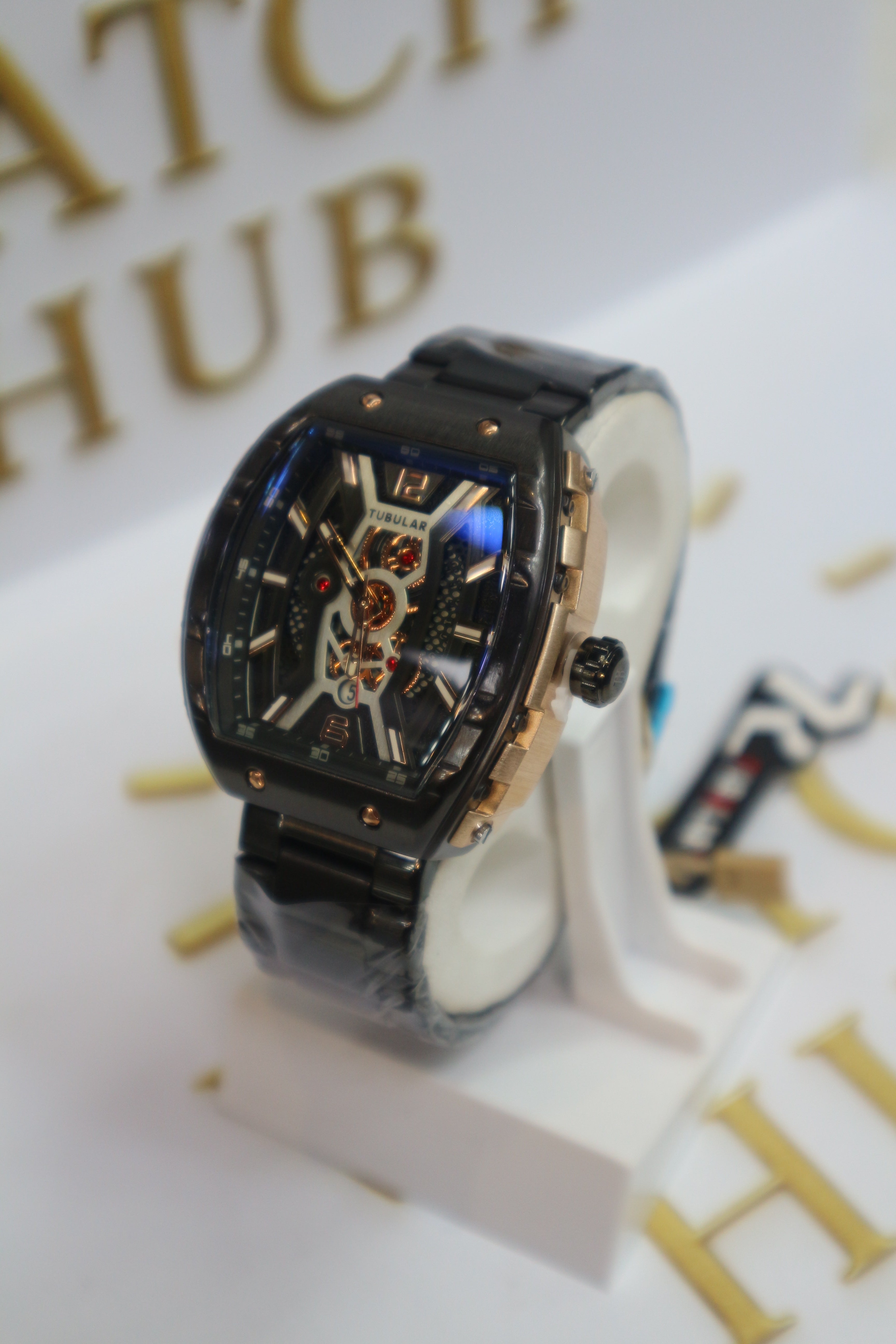 Tubular Model: Looks like a Skeleton Dial Analog Watch BLACK GOLD LOOK