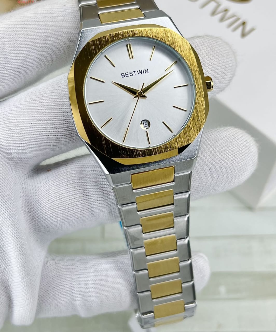 BESTWIN Luxury Two-Tone Stainless Steel Wristwatch with Date Display